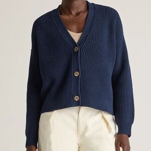 Quince Organic Cotton Fisherman Boxy Cropped Cardigan Navy Size Medium